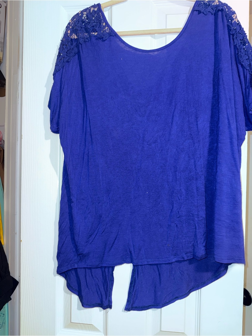 Bella D. Crochet-Shoulder High-Low Blouse in Royal Purple